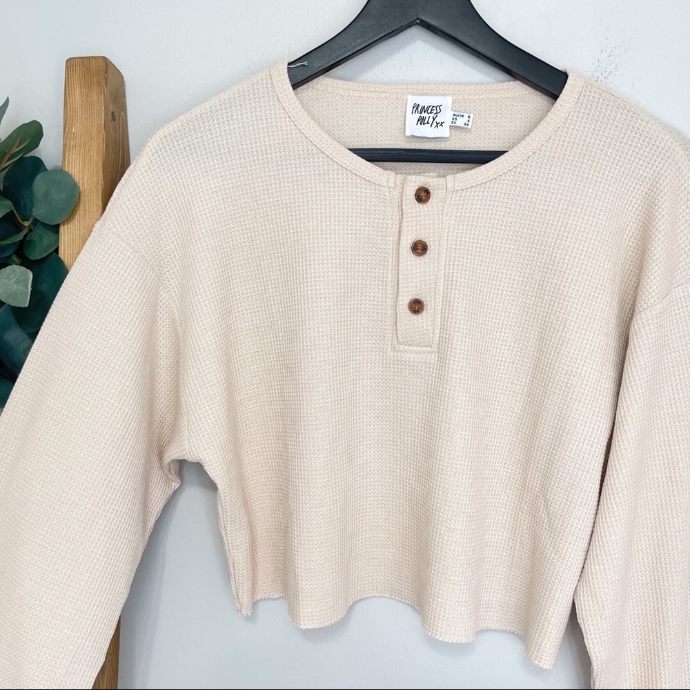 Princess Polly Mia Cropped Henley Sweatshirt Beige - Picture 5 of 10